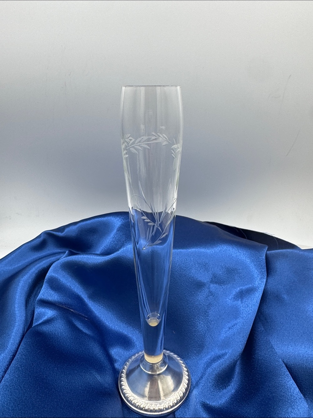 Duchin Etched Glass Bud Vase with Sterling Silver weighted Base. Base - Clear